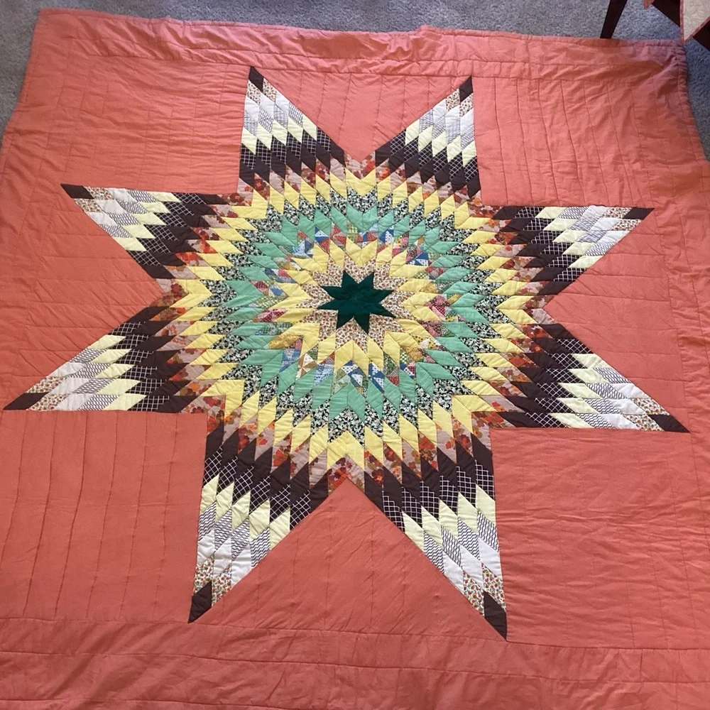 Vintage Lone Star Quilt Orange Brown Green 84”x90”